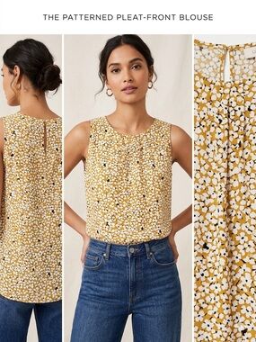 NWT LOFT Floral Pleat-Front Sleeveless Blouse – Mustard Yellow – small